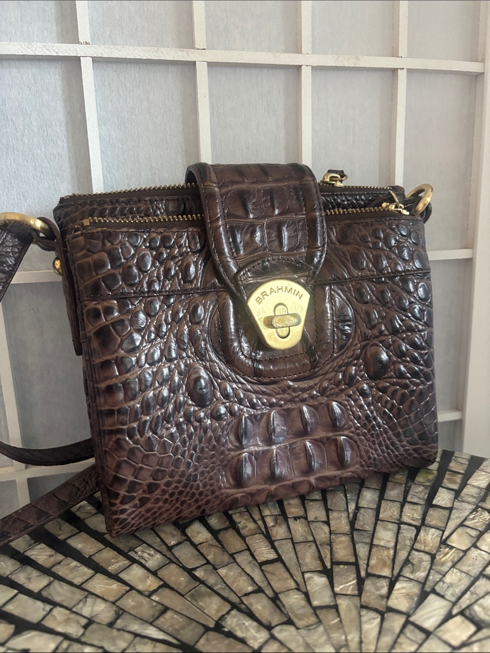 Brahmin Dark Brown Croc-Embossed Leather Crossbody with Gold Hardware